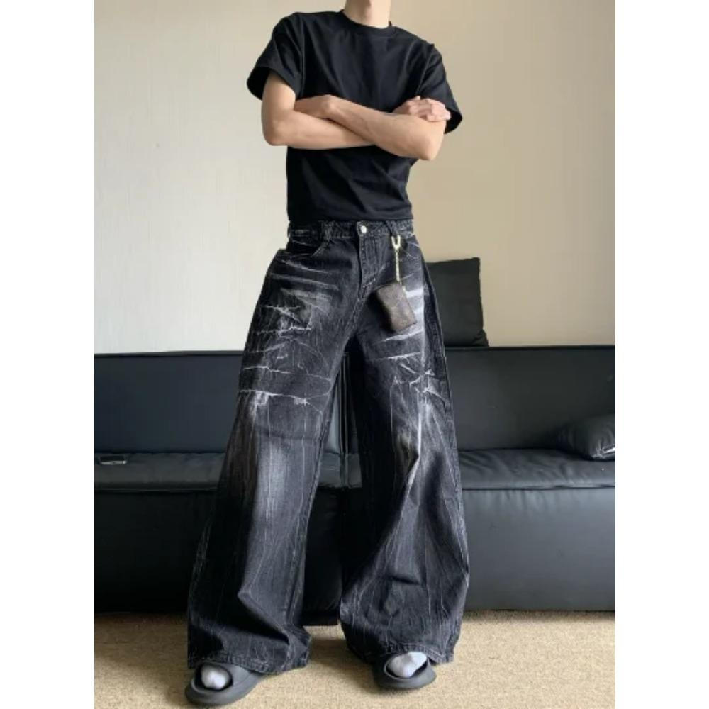 

Американские потертые джинсы Vibe с узором Old Lightning, мужские свободные широкие брюки, джинсы, новая мода XXXL чёрный