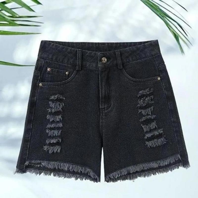 Pantaloni Scurți din Denim Rupt Femei Primăvară și Vară Talie Înaltă Elasticitate Versatili Îmbrăcăminte Exterioară Subțiri cu Picior Larg