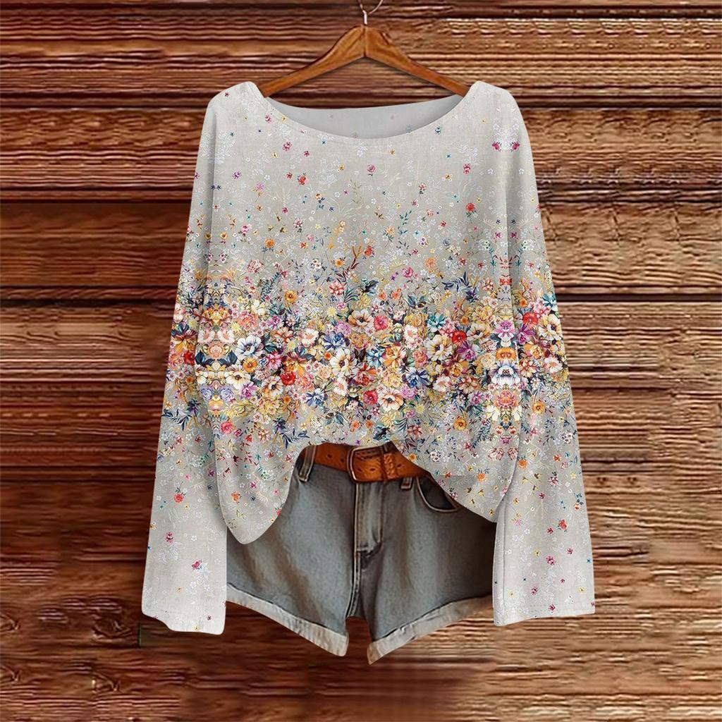 Langarmshirts für Damen Print Grafik T-Shirts Blusen Lässig Übergröße Basic Oberteile Pullover