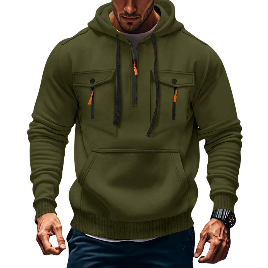 Men's Military Cargo Hoodies, Casual Quarter Zipper Pullover Tops With Multi Pockets