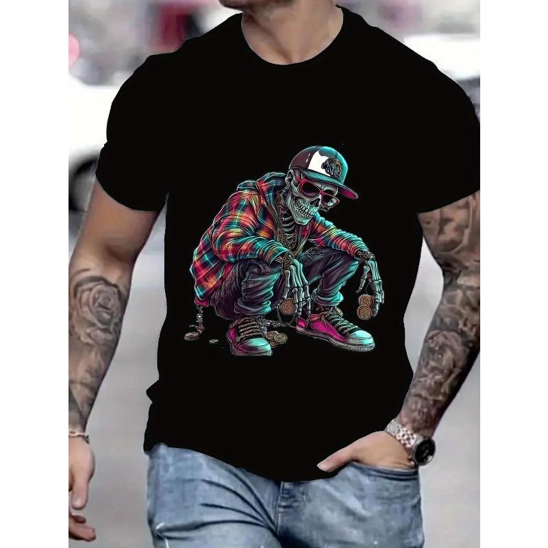 

European sizes Men s T-Shirt – Skull Graphic with Colorful Checkered Design, Casual Street Style, Breathable Round Neck Short-Sleeve Tee for Summer 4XL