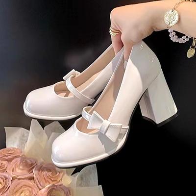 White Wedding Shoes Women's Elegant French Mary Jane Shoes Sweet Bowknot Solid Colored High Heels Women Round Toe Single Shoes