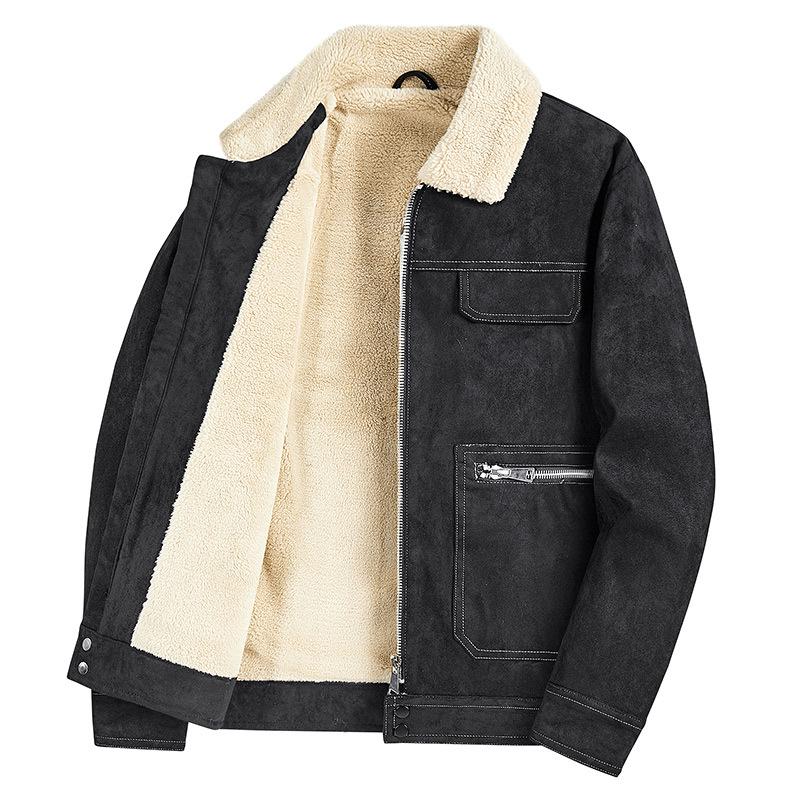 

Men s Retro Suede Plush Cotton Jacket with Fur Collar – Thickened Lambswool Autumn Winter Coat XL чорний