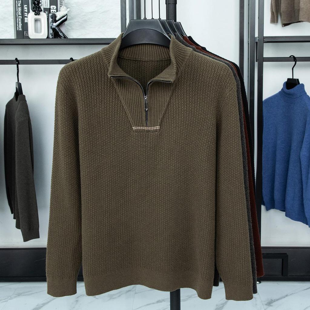 Men's Plus Size Trendy Half-Zip Wool Sweater: Autumn/Winter Fleece Pullover, Warm Casual Knit.