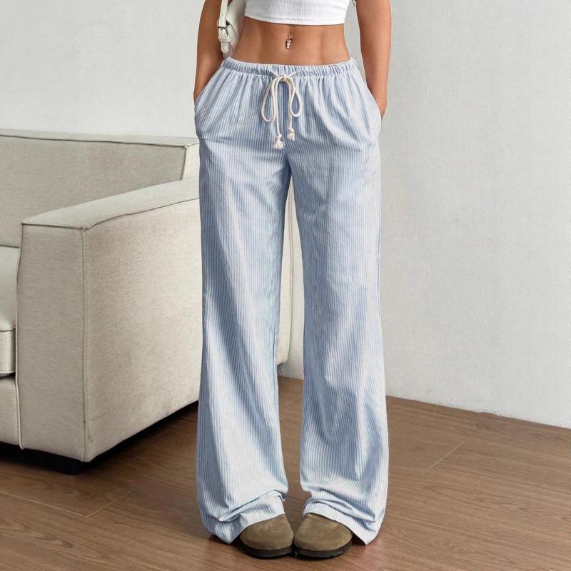 Women Elastic Waist Striped Wide Leg Pants Drawstring Casual Summer Trousers XS небесно-голубой