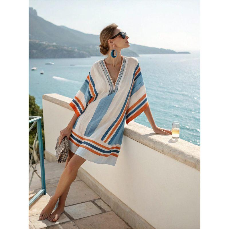 New Amazon Women's Clothing Super Fairy V-Neck Dress Seaside Vacation Beach Dress Printed Loose Mid-Length Dress