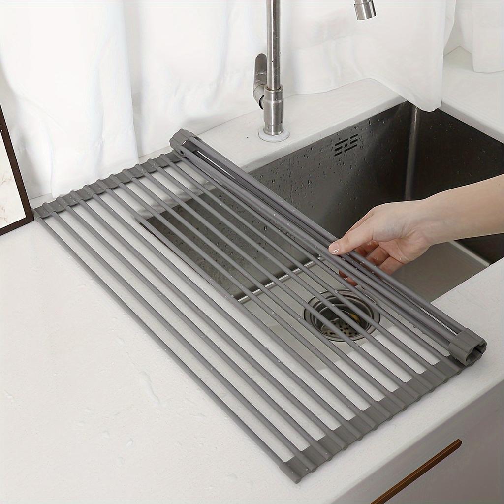 Silicone Drain Rack, Foldable Kitchen Sink Draining Rack for Vegetables And Dishes, Large Roll-up Folding Draining Rack with Heat Insulation Pad