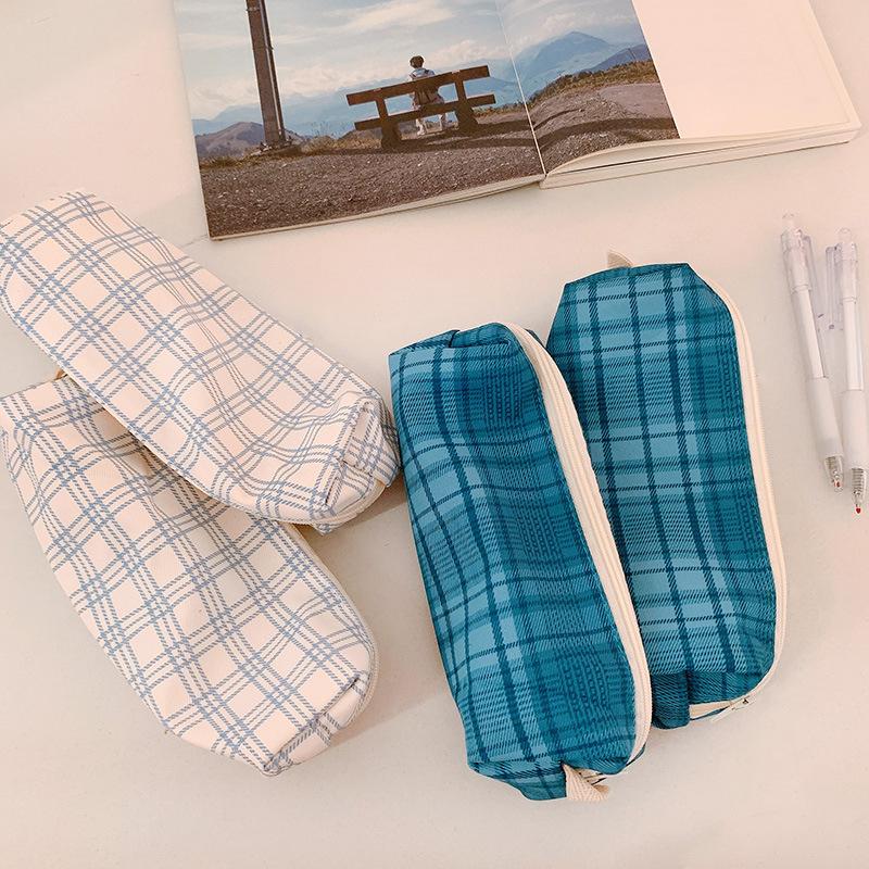 1pcs Student Zipper Pencil Bags Large Capacity Canvas Simplicity Checkered School Stationery Boxes Pencil Case Stationery Bag