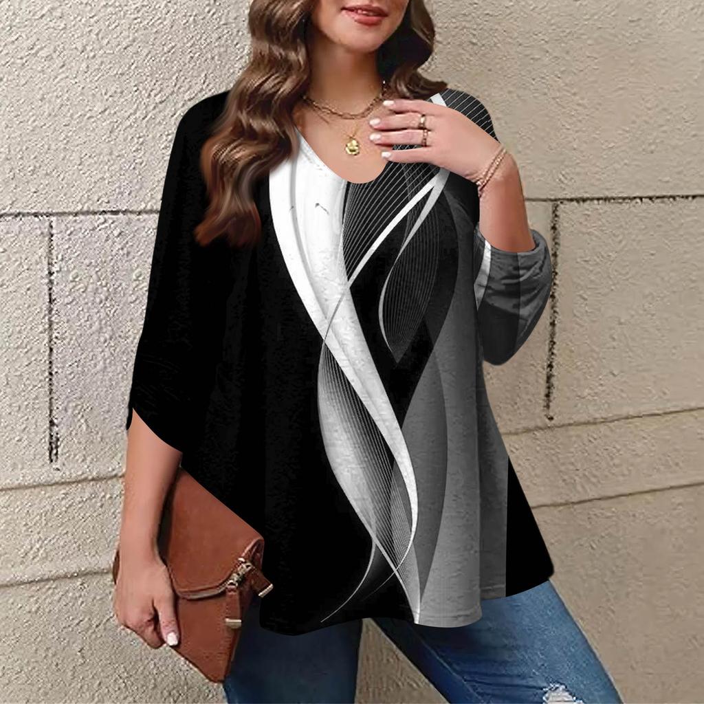 Women's Plus Size Fashion Printed Casual Pleated Round Neck Long Sleeve Top