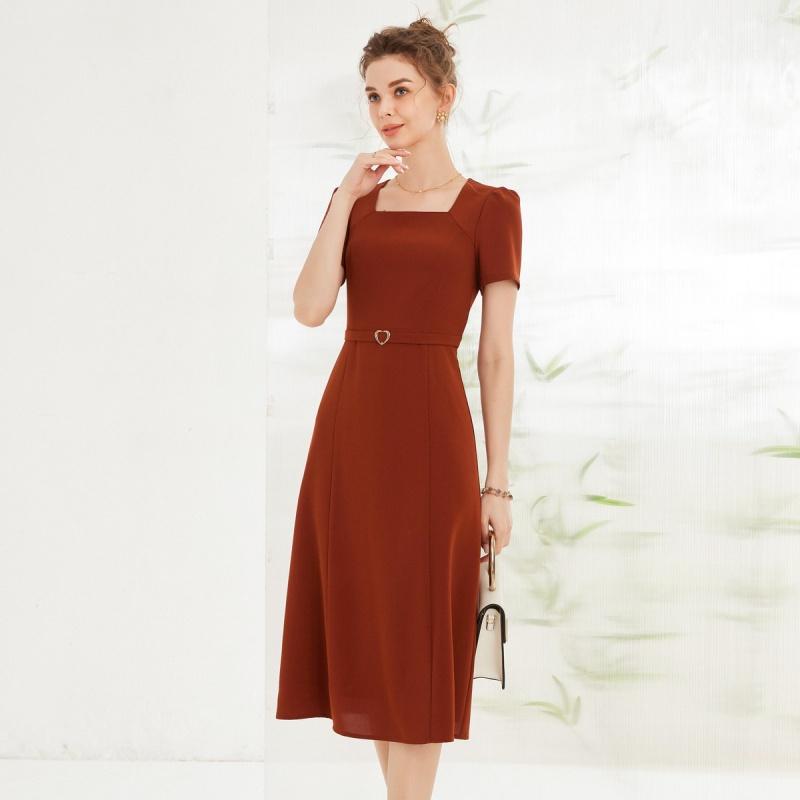 French high-end square neck design dress for women's summer style with age reducing bubble sleeves and A-line skirt