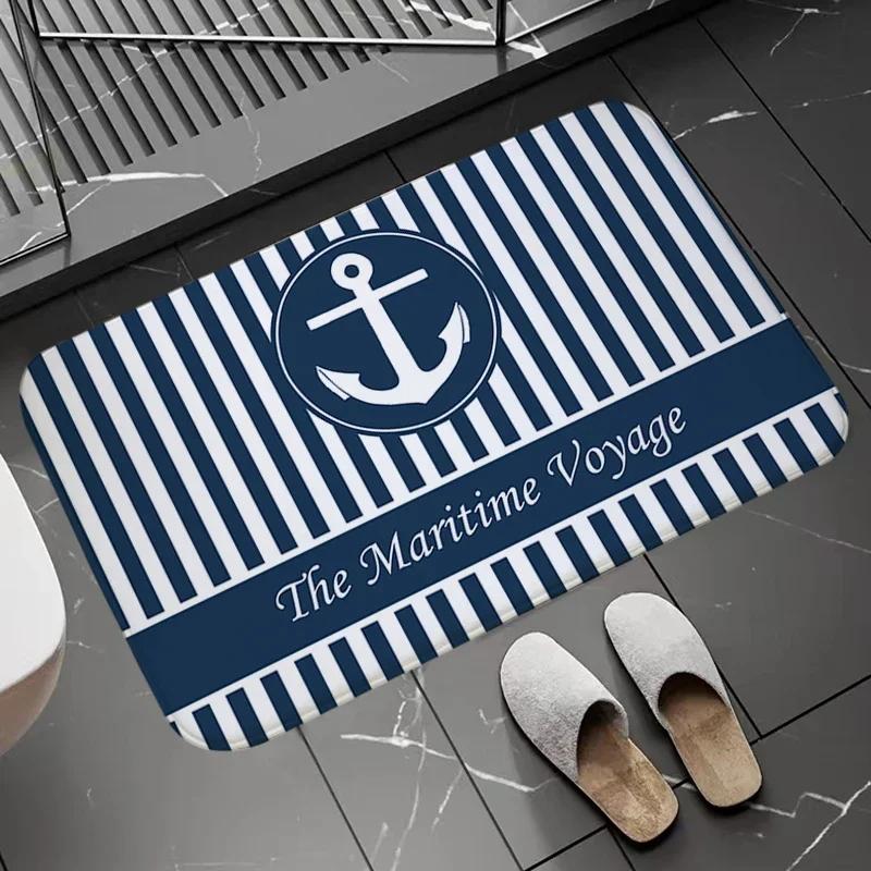 Chic Nautical Anchor Boat Navy Blue Stripes Doormat Bathroom AntiSlip Floor Mat Long Corridor Carpet Custom Rug For Kitchen Bath