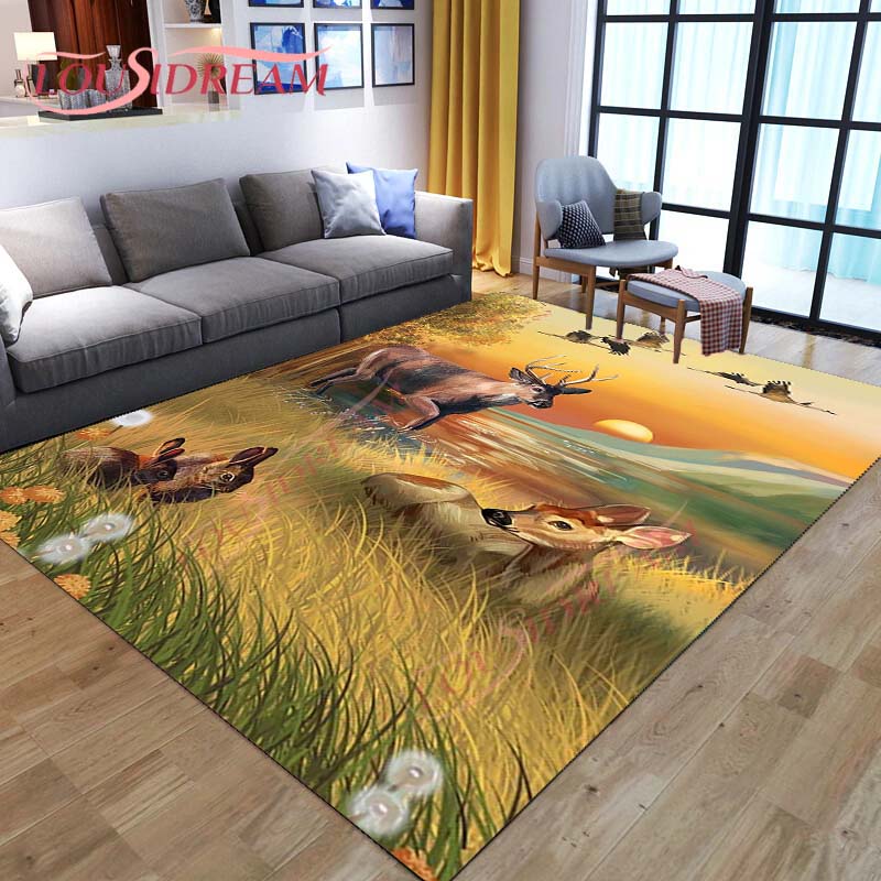 3D Cartoon Deer Rug Wildlife Mountain Landscape with Forest Carpet for Home Living Room Elk Carpet for Laundry Kids Play Carpets