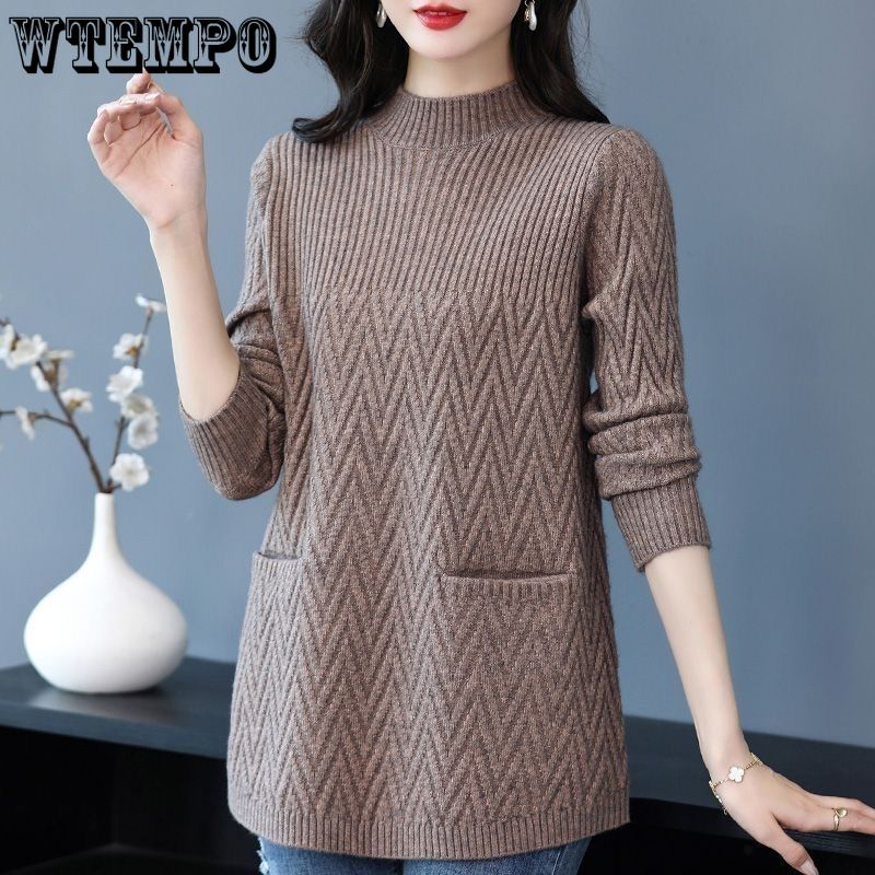 Loose Mid-length Sweater Women's Autumn and Winter Plus-size Casual Pullover Round-neck Solid-color Knitted Sweater
