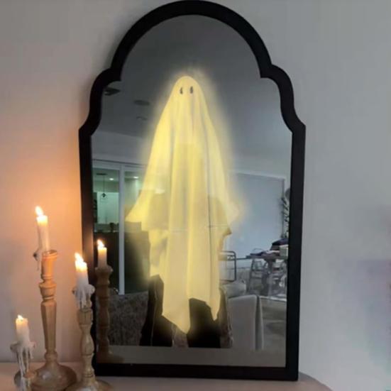 Halloween Novelty Ghost Mirror Light-up Hologram Ghost Mirror with LED Light for Haunted House Indoor Bedroom Kitchen Fireplace Decor