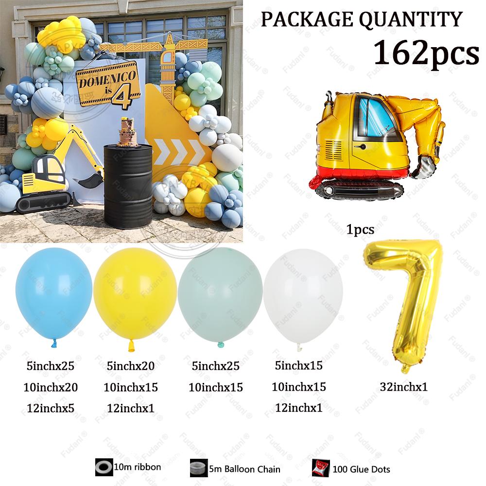 162pcs Engineering Vehicle Construction Truck Yellow Green Blue Balloon Arch Kit Boy Excavator Birthday Party Baby Shower Deco
