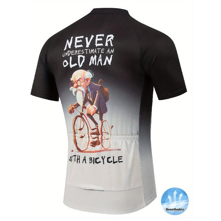 Herren Cartoon Alt für Mann Grafik Radtrikot - Atmungsaktives Schnelltrocknendes Reißverschlusshemd mit 3 Rückentaschen, Geometrisches Muster, Normale Passform für Lau
