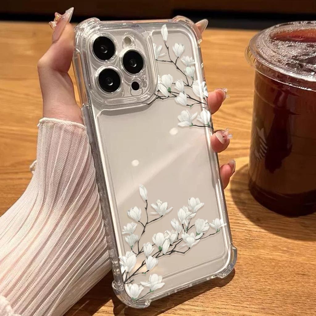 Simple White Flower Pattern Transparent Phone Case Suitable for iPhone 17 16 15 14 13 12 11Pro/Max/Plus Anti Drop and Shockproof