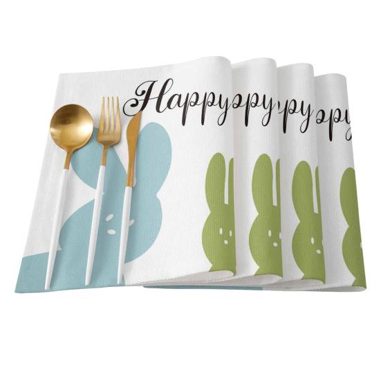 6Pcs Non-slip Heat-resistant Rectangle Table Household Placemat Pattern Easter Rabbit Linen Mat Kitchen Supplies