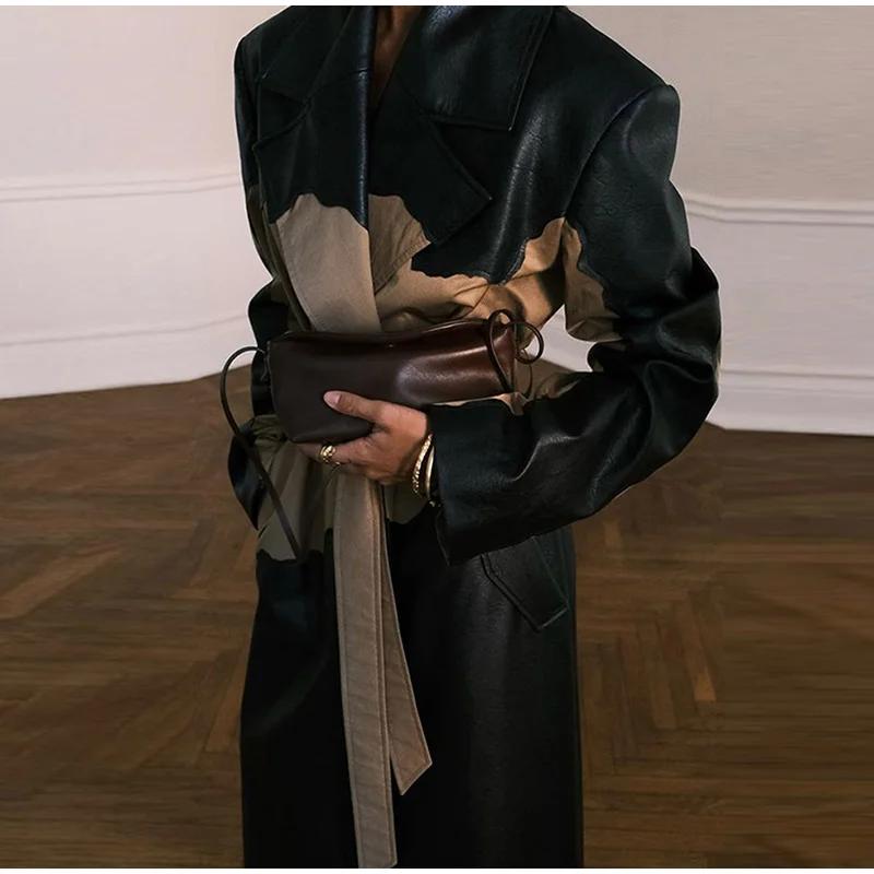 Contrast Leather Long Women Jacket Lace Up Lapel Long Sleeve Female Maxi Pu Jackets Autumn Winter Street Pocket Lady Coat