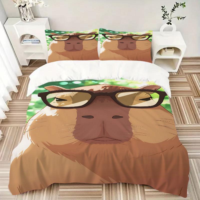 3pcs Glasses, Capybara Bedding Set - 1 Duvet Cover + 2 Pillowcases(Core Not Included), Machine Washable Polyester, All-Season Comfort, Bedro
