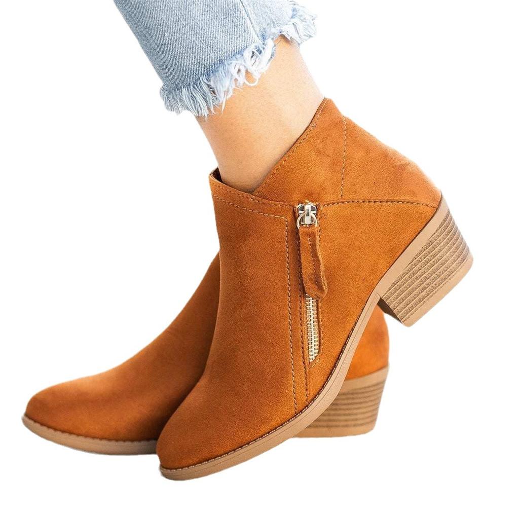 Women's Shoes, Women's Boots, Suede, Round Toe, Side Zipper, Thick Heel, Leather Boots, Women's Short Boots