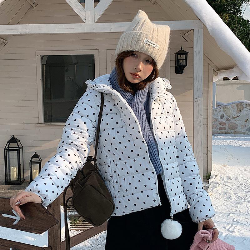Sweet polka dot ribs hooded down cotton-padded clothes women's winter new short printed cotton-padded jacket