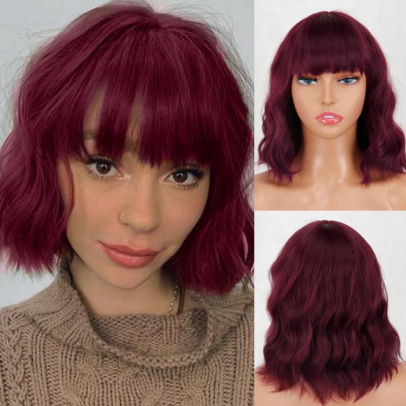 MERISIHAIR Women Short Bob Natural Wavy Pink Wig with Bangs Synthetic Fiber Short Water Wave Wig Daily Wear Cosplay