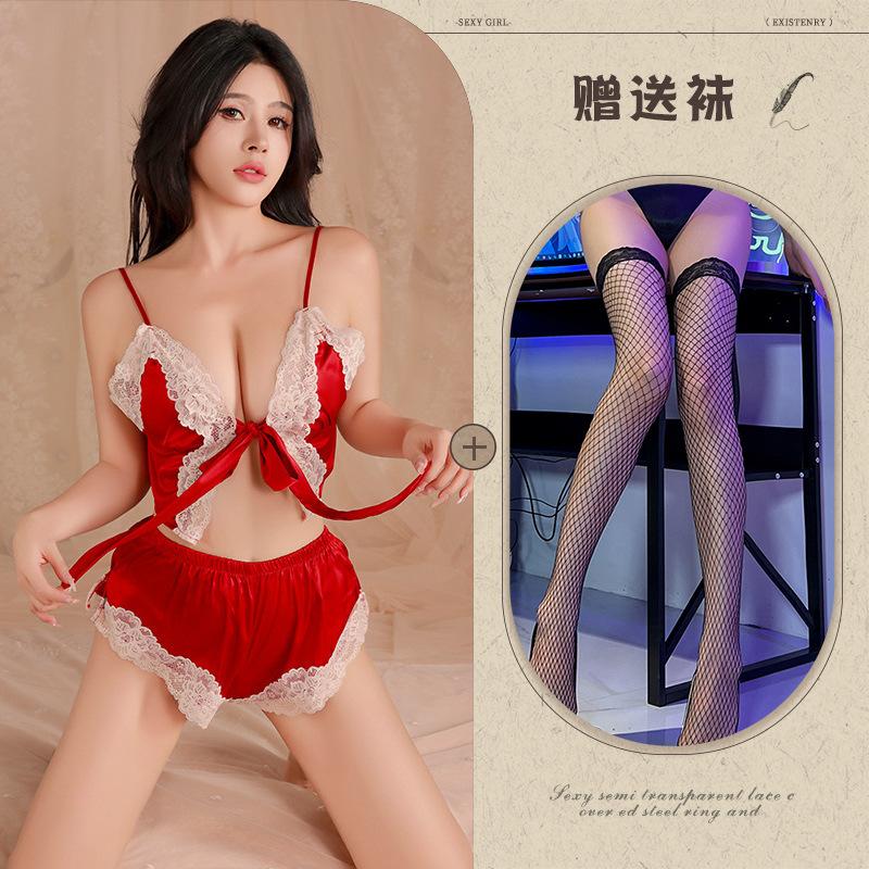 Sexy bow lace-up split two-piece sex suit women's deep V lace seduction sex pajamas
