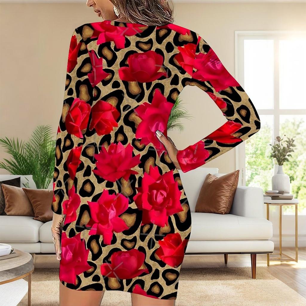 2025 Outono e Inverno Novo Estampa Floral 3D e Tingimento Moda Feminina Manga Longa Gola Redonda Vestido Envolvente de Quadril Dia dos Namorados Limitado