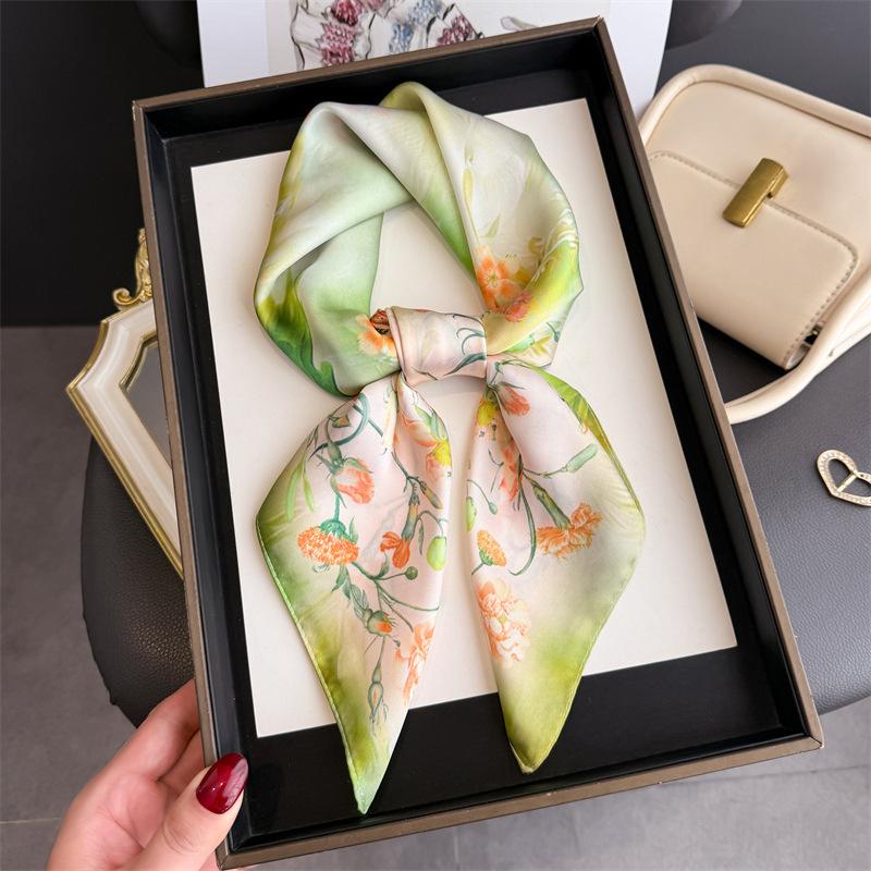 Spring Summer Fashion Luxury 70Cm Square Women Silk Scarf Flower Print Designer Scarves Shawl Bandana Hijab Neckerchief