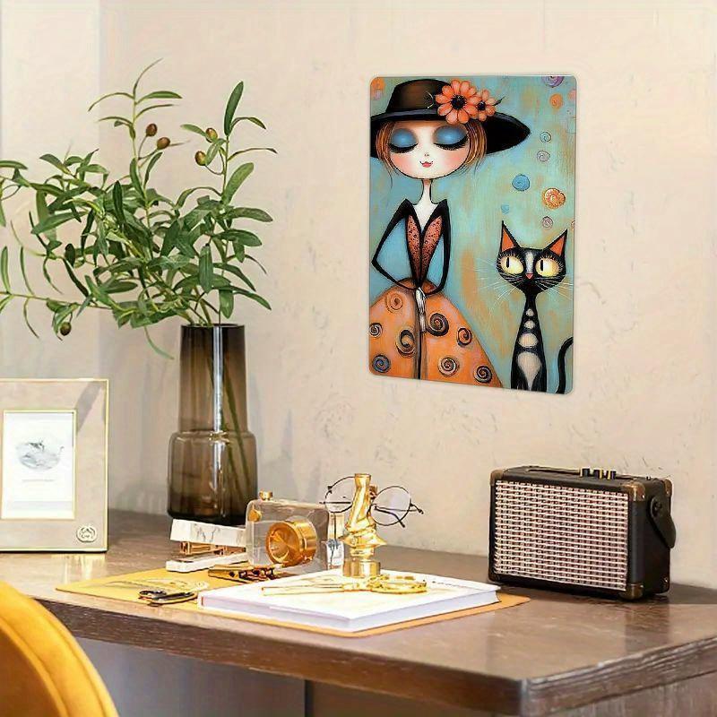 Whimsical Cat and Girl Wrought Iron Wall Art – Vibrant Orange & Blue Decorative Painting for Living Room, Bedroom, Cat Decor