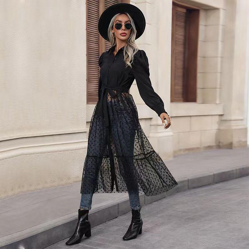 

Мода Новая Мода Женская Одежда Однотонное Кружевное Лоскутное Платье с Лацканами Кружевная Панель Платье с Лацканами Black XL