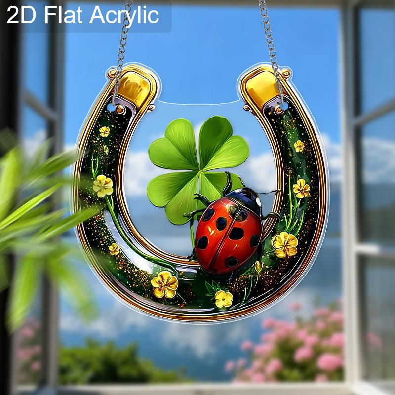 Acrylic Lucky Horseshoe with Four-Leaf Clover & Ladybug Suncatcher Stained Glass Effect Window Hanging Ornament St. Patrick's Day Gifts