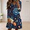 Women Plus Size Scalloped V Neck Long Sleeve Floral Printed Navy Blue Dress