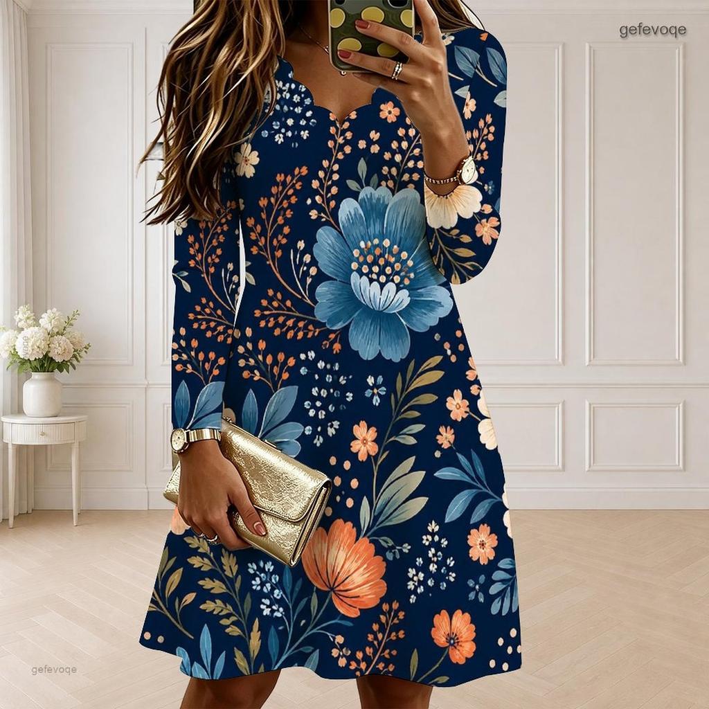 Women Plus Size Scalloped V Neck Long Sleeve Floral Printed Navy Blue Dress