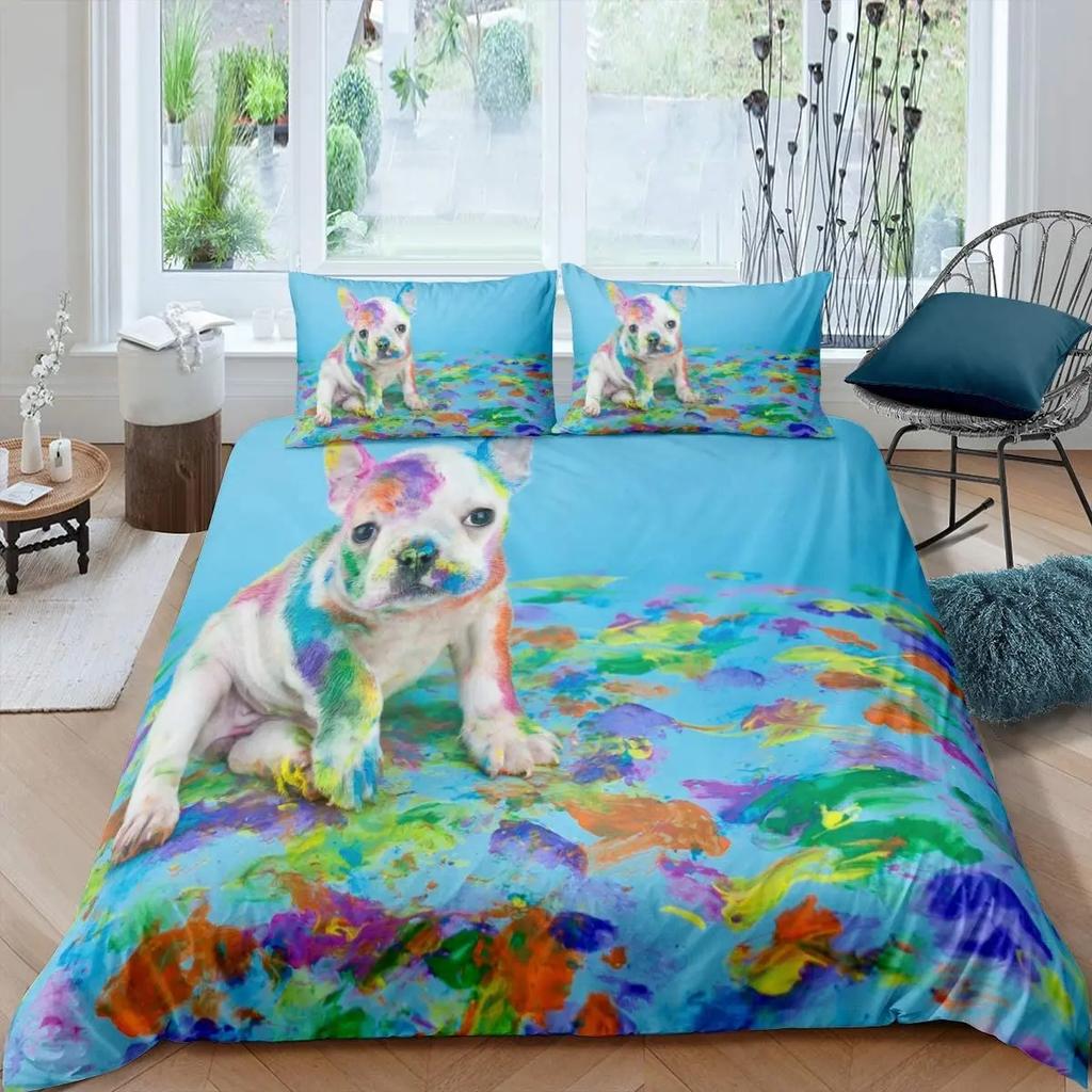 Bulldog Duvet Cover French Bulldogs Bedding Set Twin Polyester Chocolate Puppy Pet Doggy Animal Quilt Cover For Dog Lover Gifts