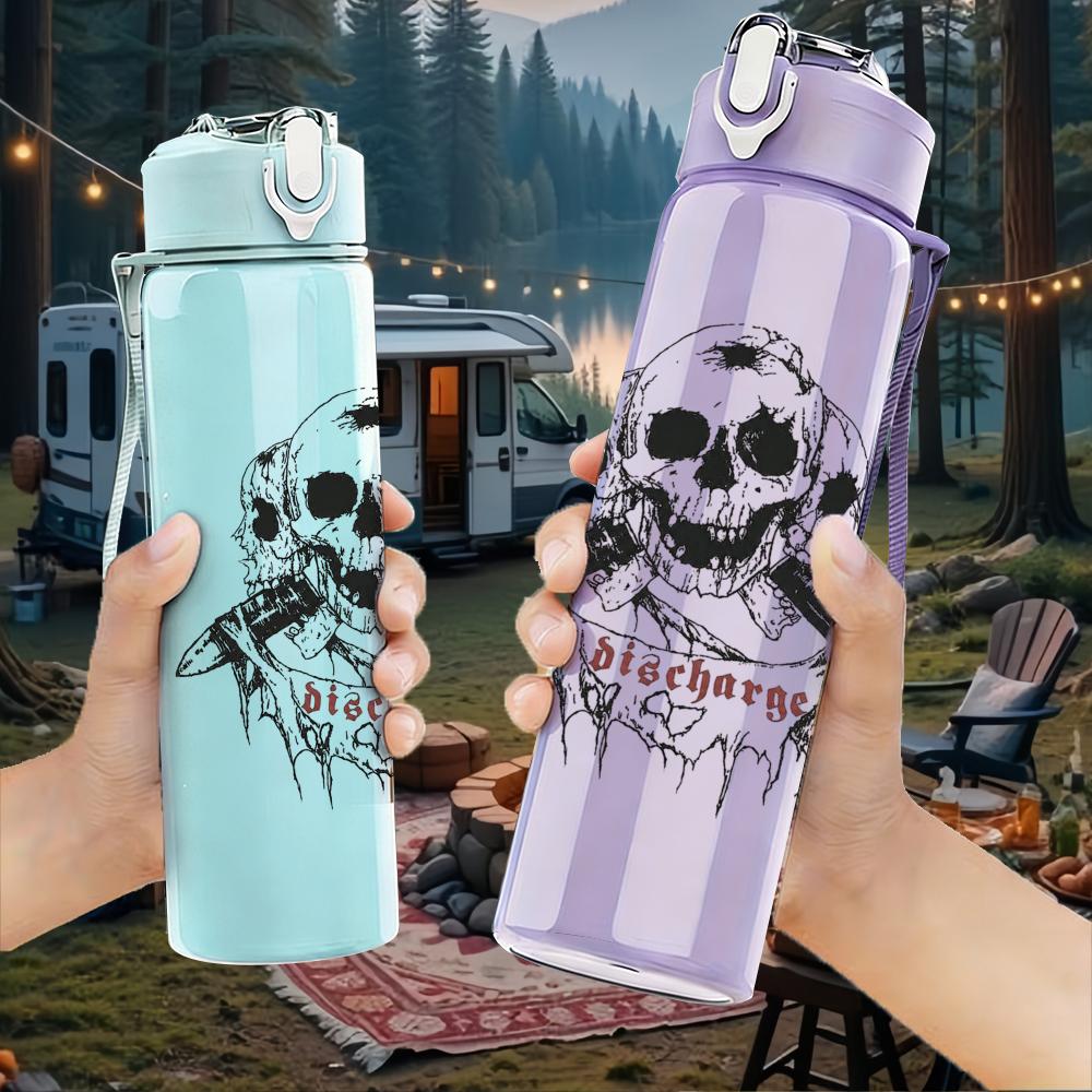 1PC Skull grunge circular band print 750ml colorful plastic sports water bottle leakproof pop up lid with straw for outdoor work home use