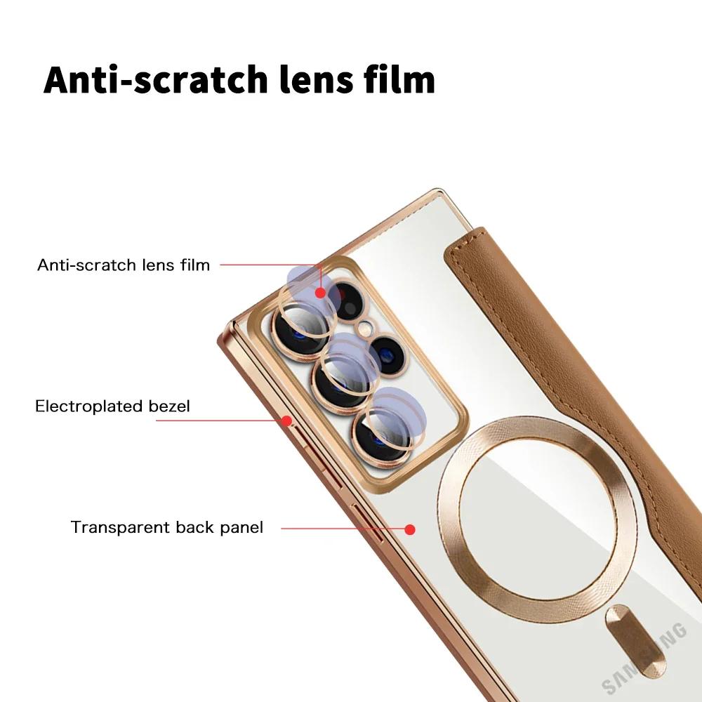 Magnetic Leather Card Holder Shell for Samsung Galaxy S26 Ultra Edge S25 S24 Wireless Charge Card Holder Shockproof Hard Cover