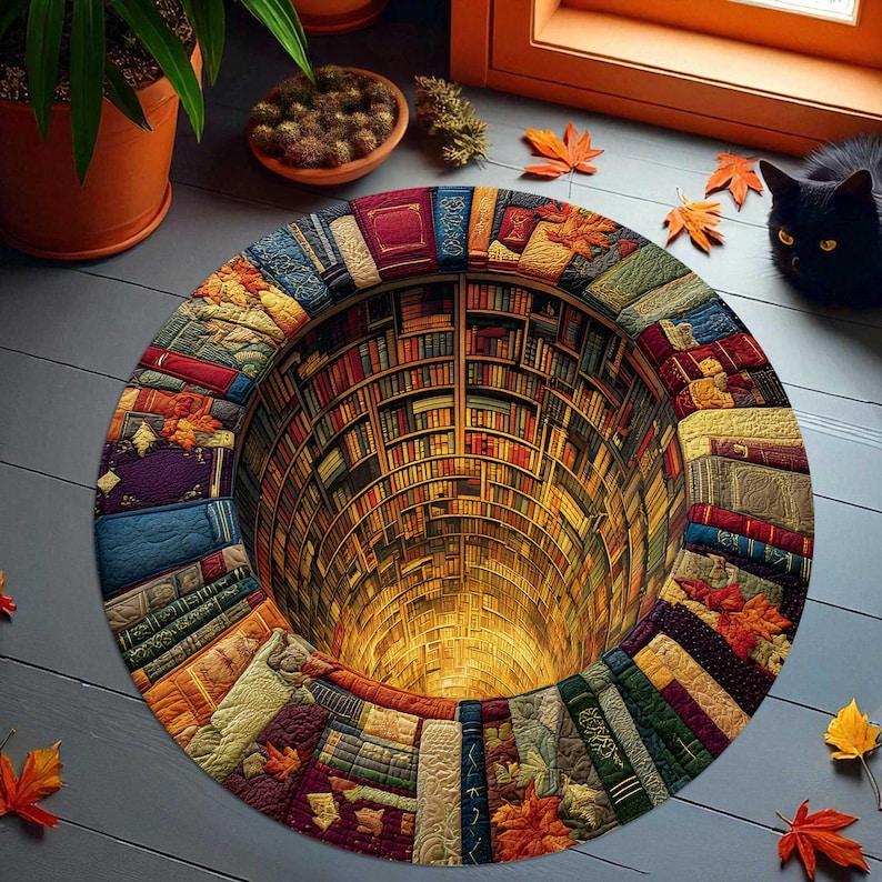 Library Books Round Doormat, Trippy Book Hole Carpet, Colorful Reading Nook Decor Rug, Floor Mat for Book Lovers (2D Printed)