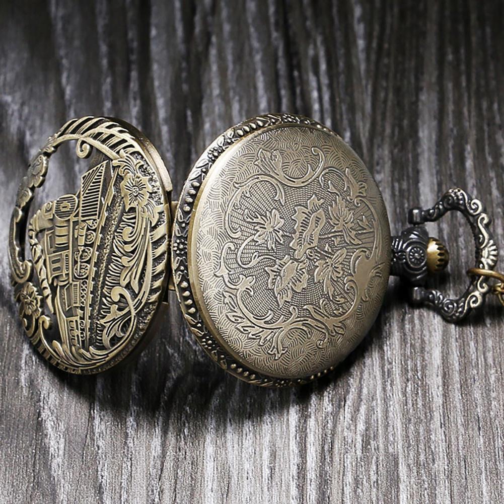 Vintage Steam Train Antique Chain Quartz Pocket Watch Round Skeleton Case Roman Numerals Locomotive Pendant
