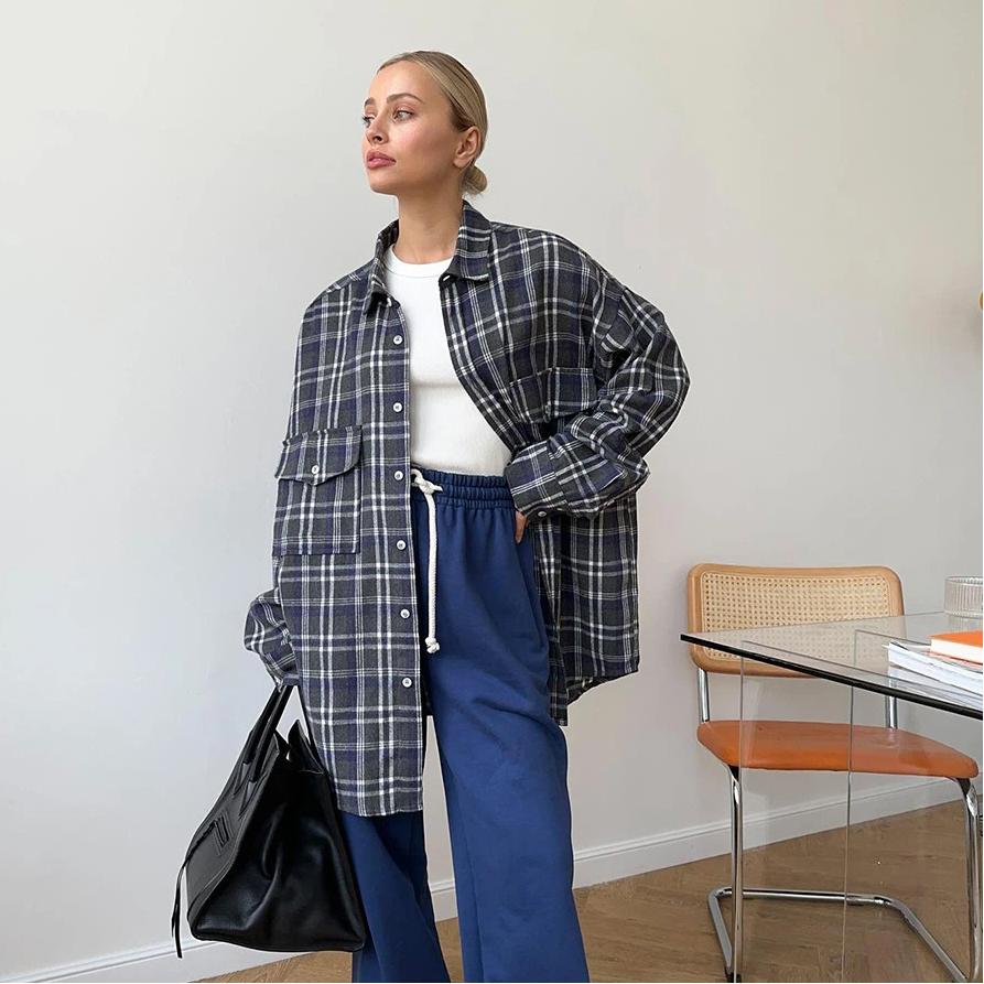 Checkered Shirt Women's Retro Double Pocket Checkered Striped Mid Length Shirt