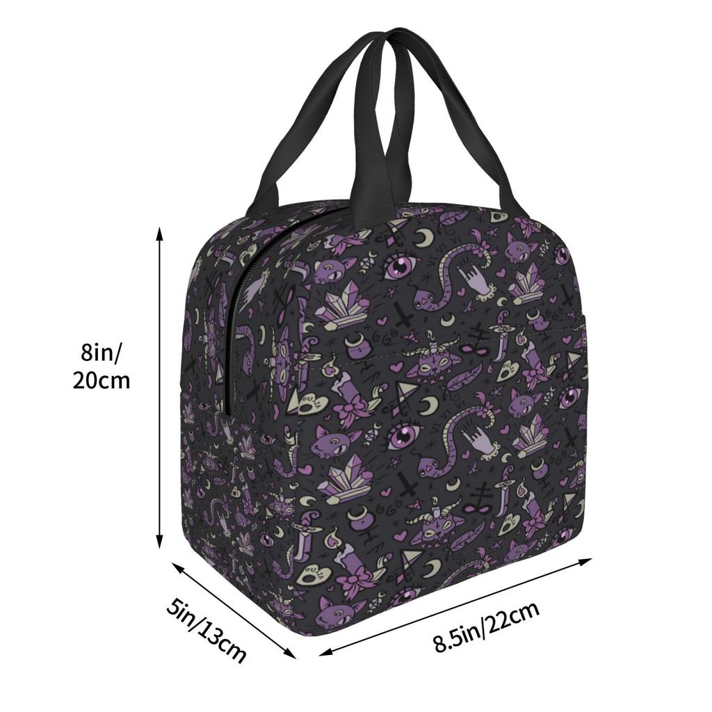 Magic Goth Spooky Gray Purple Black Lunch Tote Bag Insulated Leakproof Lunch Box Container with Front Pocket for Girls Boys