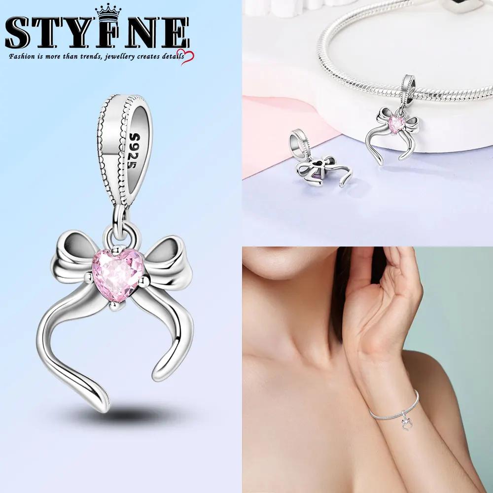 Elegant Copper Bow Charms Copper Pink Heart-Shaped Bow Pendants Charms Beads Fit Original Bangle Bracelets Diy Jewelry