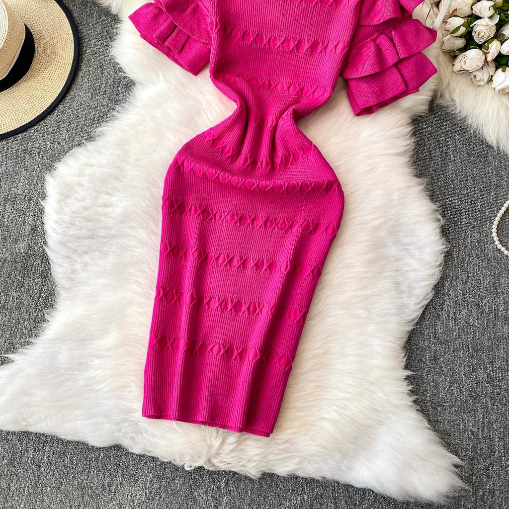 Summer Women Elegant Ruffle Metal Button Office Work Knitted Sheath Sweater Mini Dresses