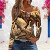 Women Plus Size Asymmetric Cutout Neck Cold Shoulder Long Sleeve Western Printed Fitted Top