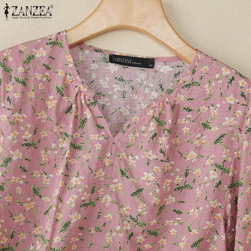 ZANZEA Women Casual V-Neck Loose 3/4 Sleeve Floral Print Blouse