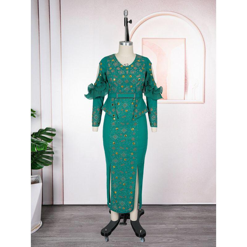 Трансграничная африканская женская одежда Большие размеры Новое свадебное платье для матери невесты Длинная юбка Банкетное облегающее платье Вечернее платье Green L