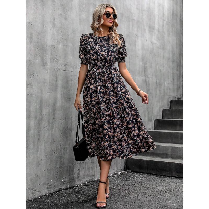 

Floral Print Short Sleeve Dress with Round Neck,A-Line Cut,Waist Definition,Summer Casual Dress in 8 Colors XXL чорний