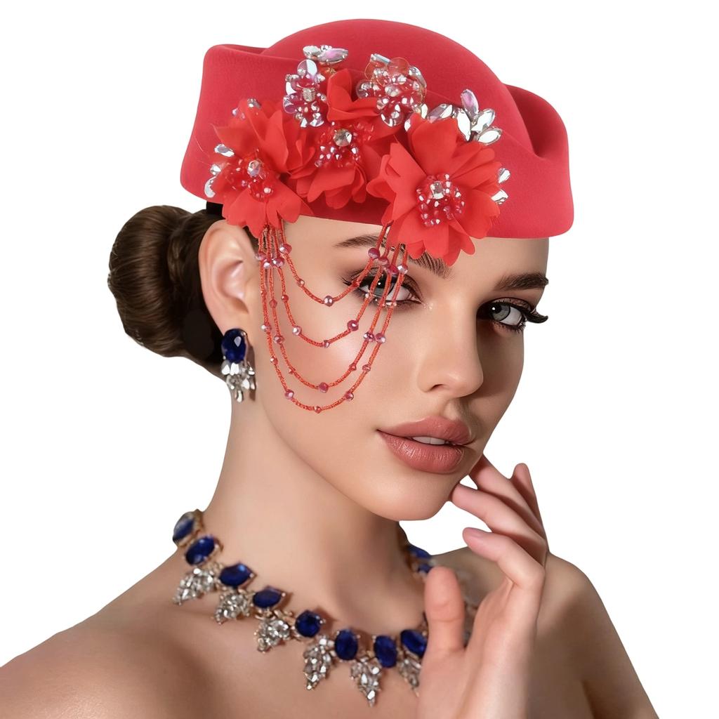 Retro British Hat for Women 3D Floral Rhinestone Decorated Beret Cap Cosplay Costume Accessories