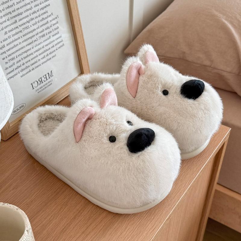 Fashion Cute Cartoon Dog Indoor Fluffy Slippers For Women Winter Platform Shoes Warm Faux Fur Thick Sole Female Home Floor Cotton Slides